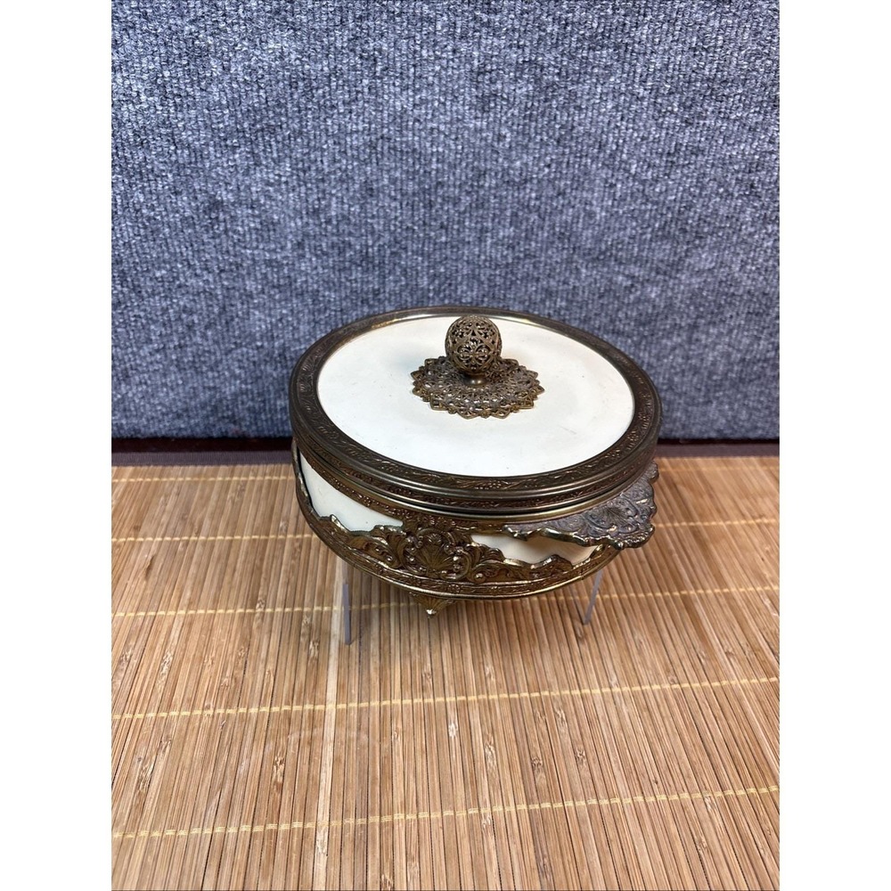 Vintage Hollywood Regency Filigree Trinket Box Glass 3-Section Candy Dish Gold